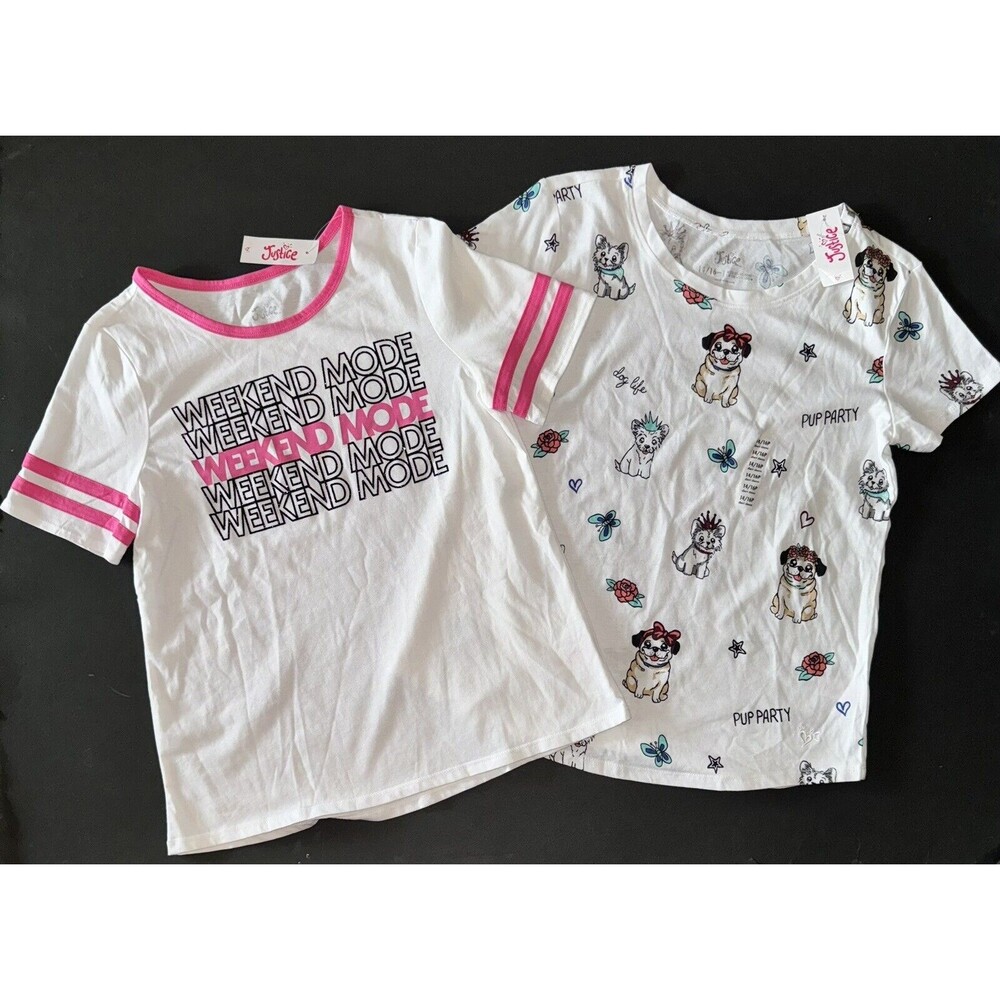 NEW Justice girls T-shirt XL 14 16 Pink White Weekend Mode Pug Dog Puppy S/S Top
